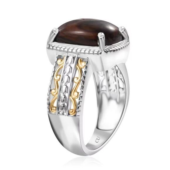 Coffee Obsidian 4ctw Solitaire Ring in 14K YG and Platinum Over Copper W Magnet - Picture 4 of 6